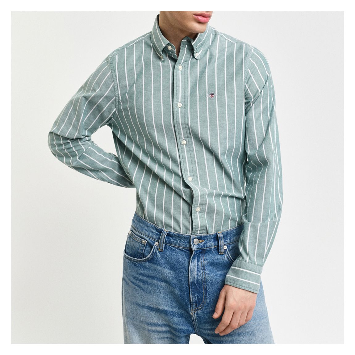 Blue/White Stripe Slim Oxford Cotton Blend Shirt main product photo