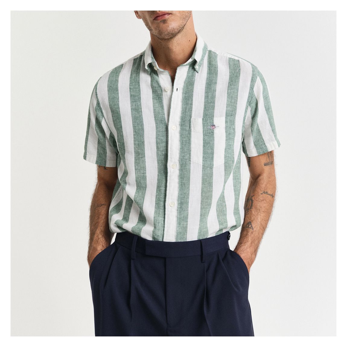 Green/White Stripe Cotton Linen Short Sleeve Shirt main product photo