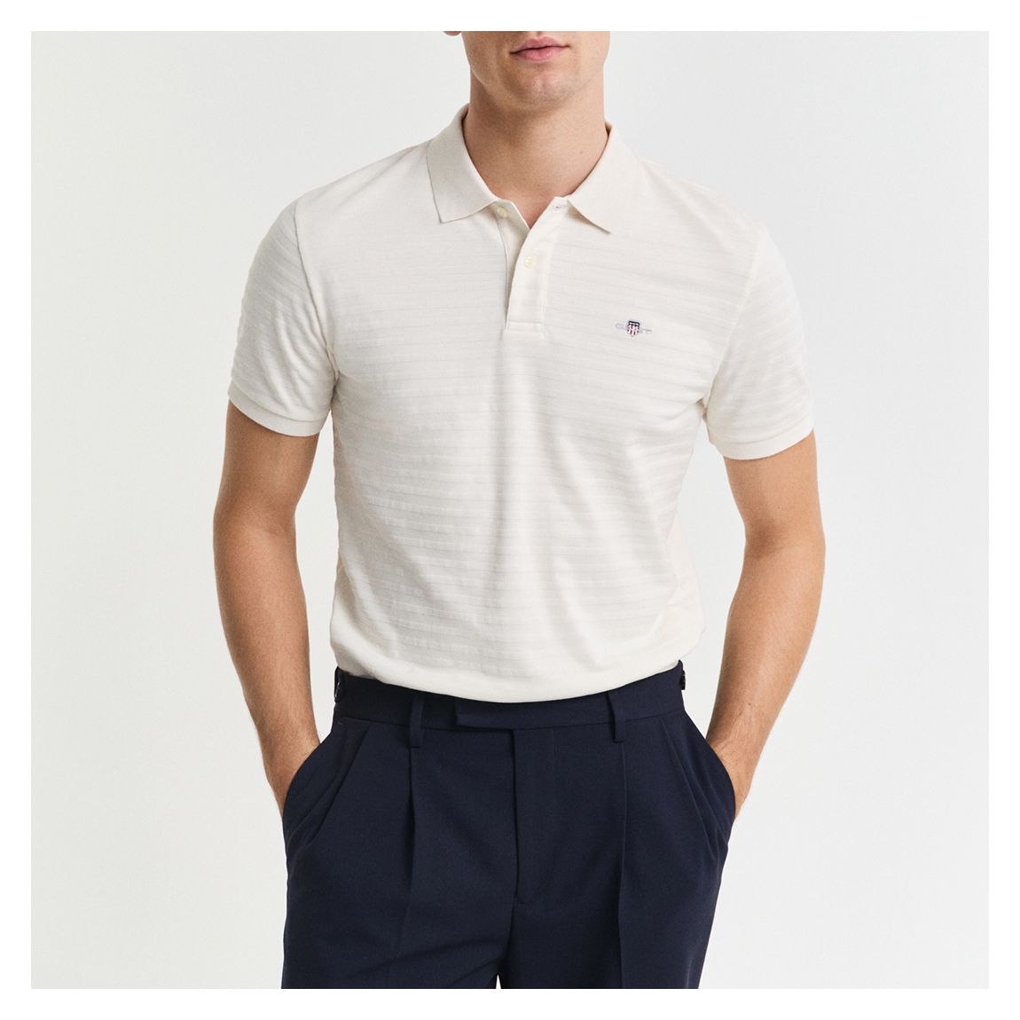 Cream Textured Stripe Cotton Blend Polo Shirt main product photo
