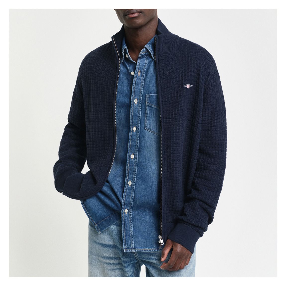 Navy Cotton Textured Zip Cardigan main product photo