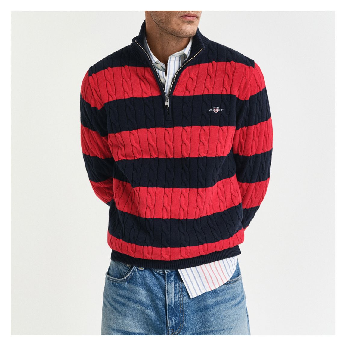 Red/Navy Striped Cotton Cable 1/2 Zip Jumper main product photo