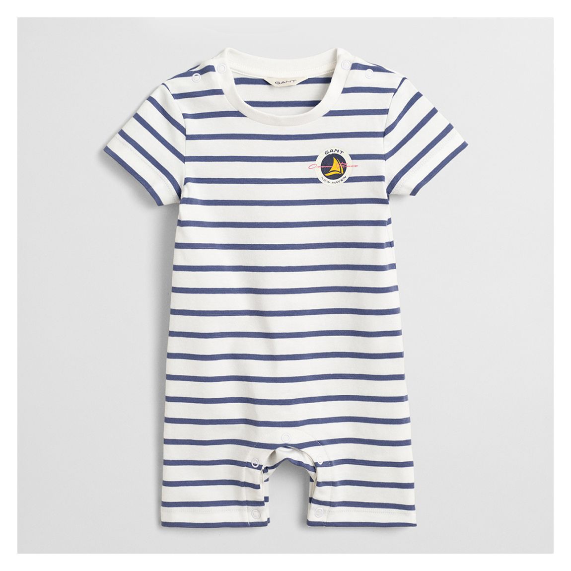White/Navy Striped Cotton Blend Romper main product photo