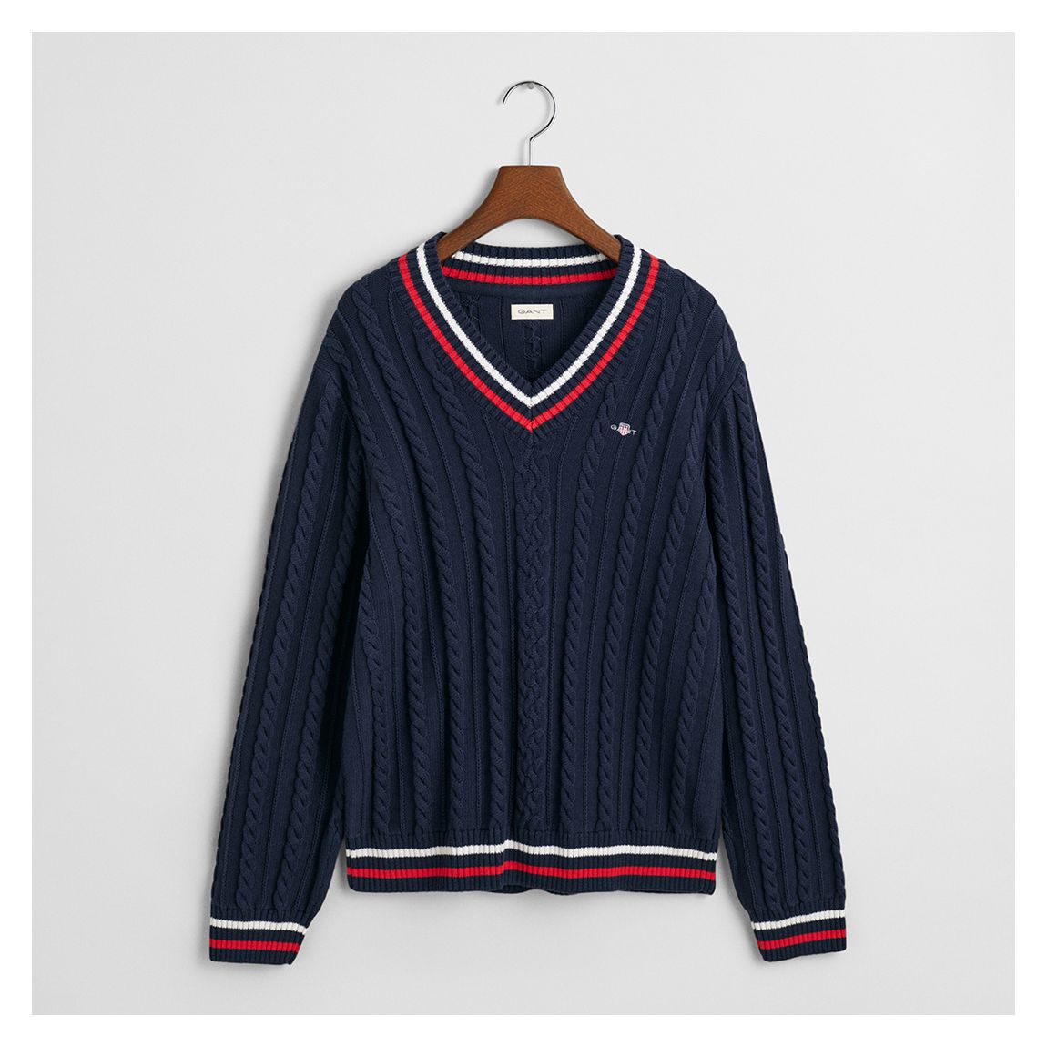 Navy Striped Cable V-Neck Jumper main product photo