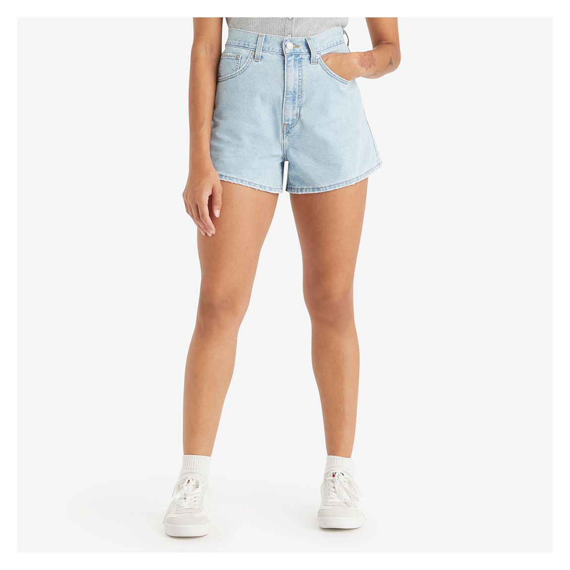 Light Blue High Waisted Cotton Blend Mom Shorts main product photo