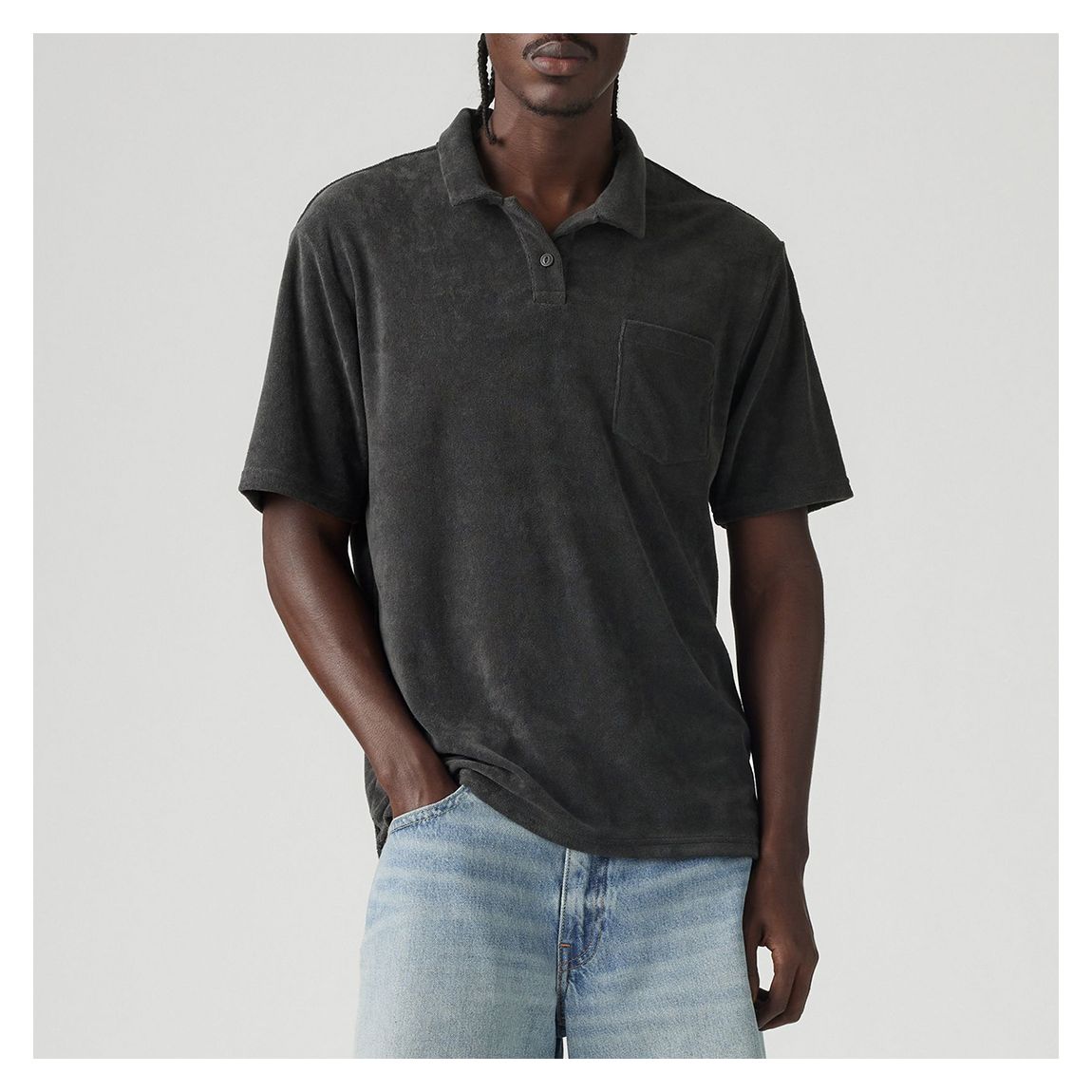 Dark Grey Terry Pocket Cotton Blend Polo Shirt main product photo