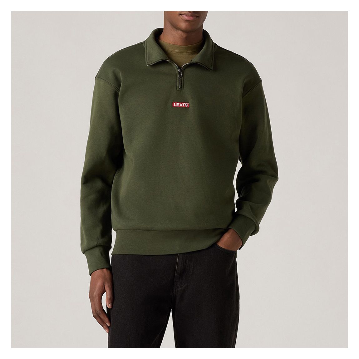 Khaki 1/4 Zip Relaxed Cotton Blend Sweatshirt main product photo