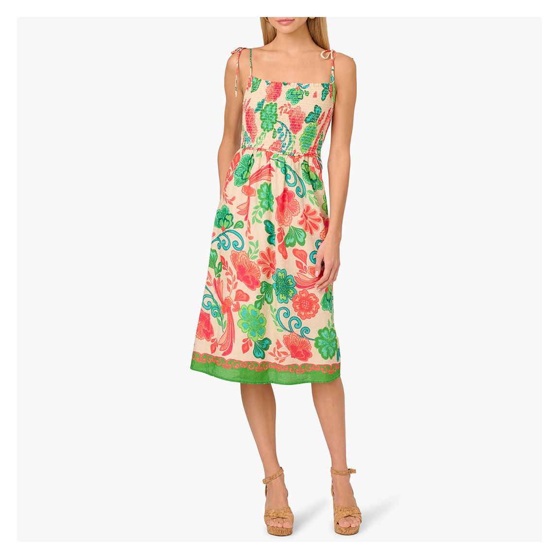 Green Smocked Printed Placement Dress main product photo