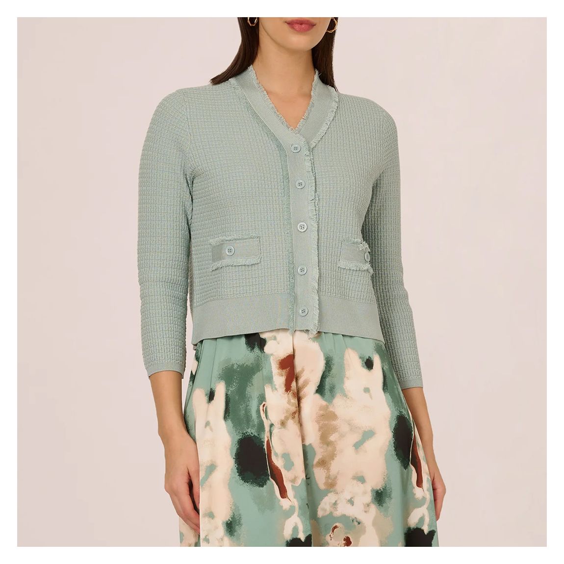 Teal Knit Frayed Waffle Crop Cardigan Sweater main product photo