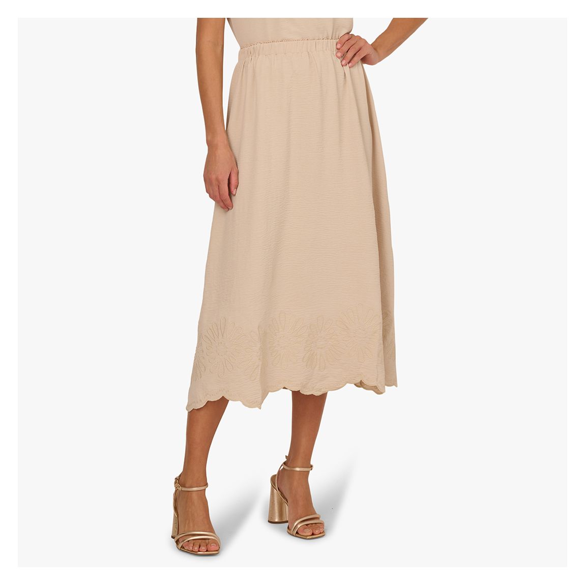 Beige Midi Length Flower Embroidered Skirt main product photo