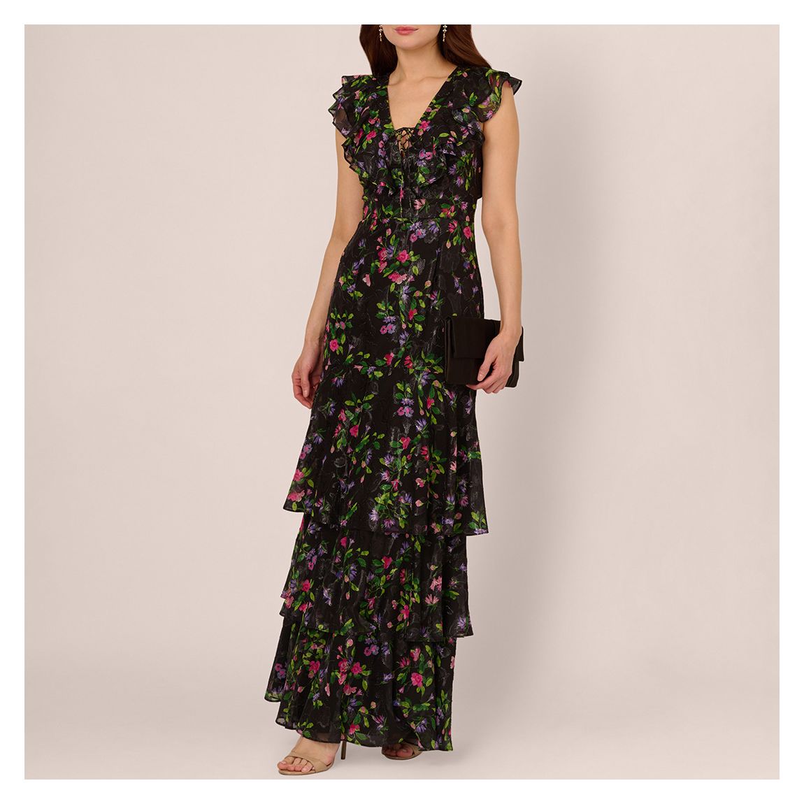 Black Floral Ruffle Chiffon Gown main product photo