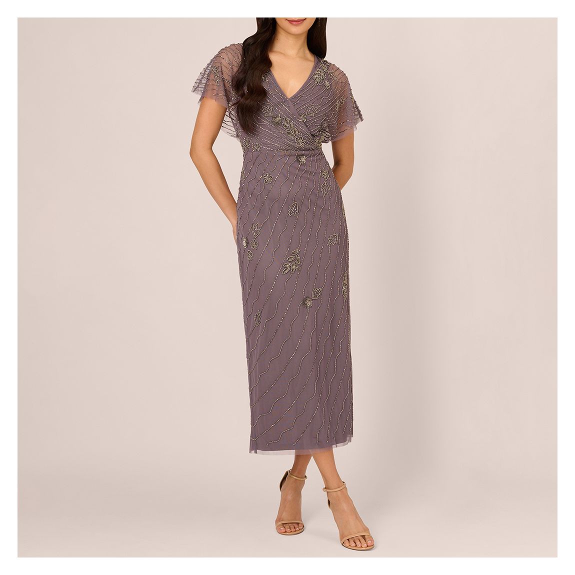 Blush Bead Flutter Sleeve Long Dress main product photo