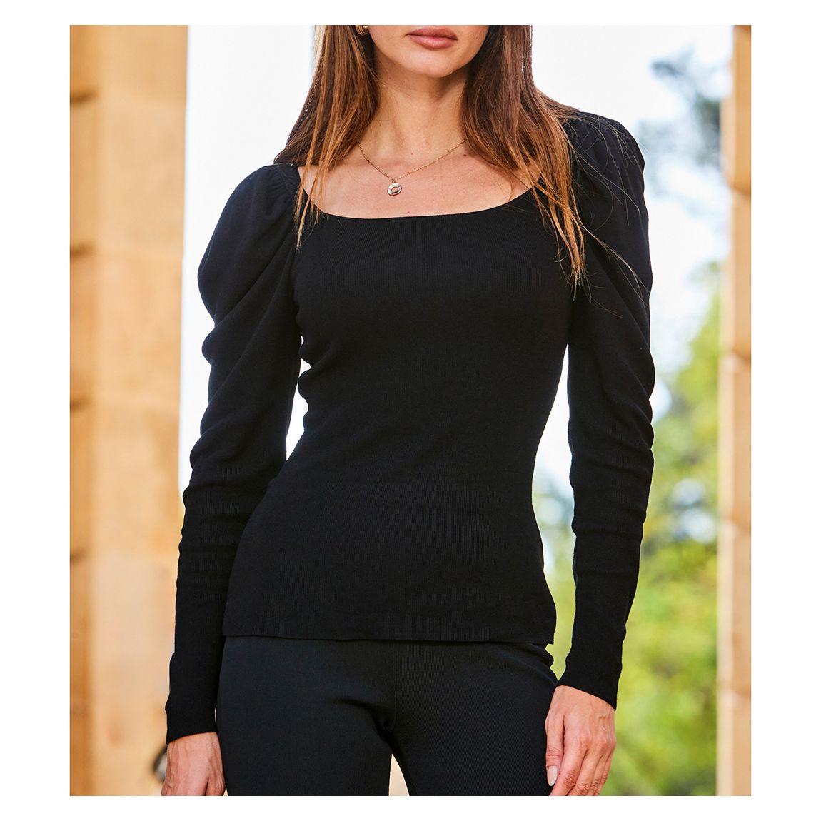 Black Square Neck Puff Sleeve Jumper main product photo