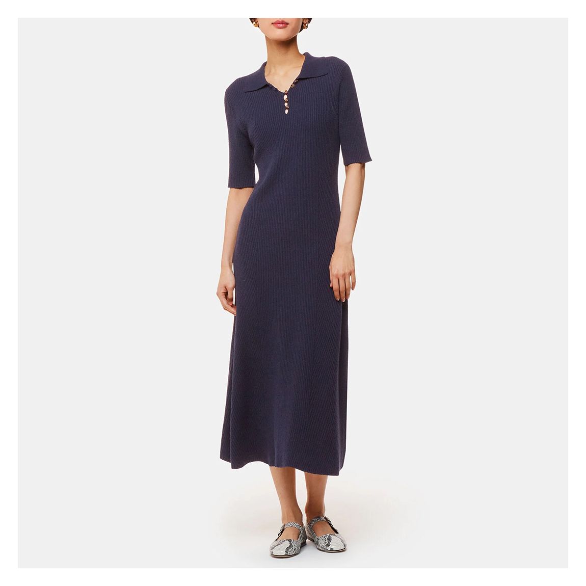 Navy Knitted Ribbed Midi Dress main product photo