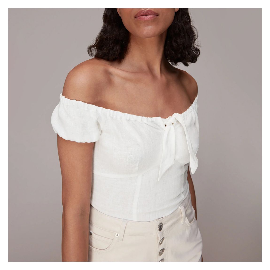 Ecru Off Shoulder Linen Tie Front Top main product photo
