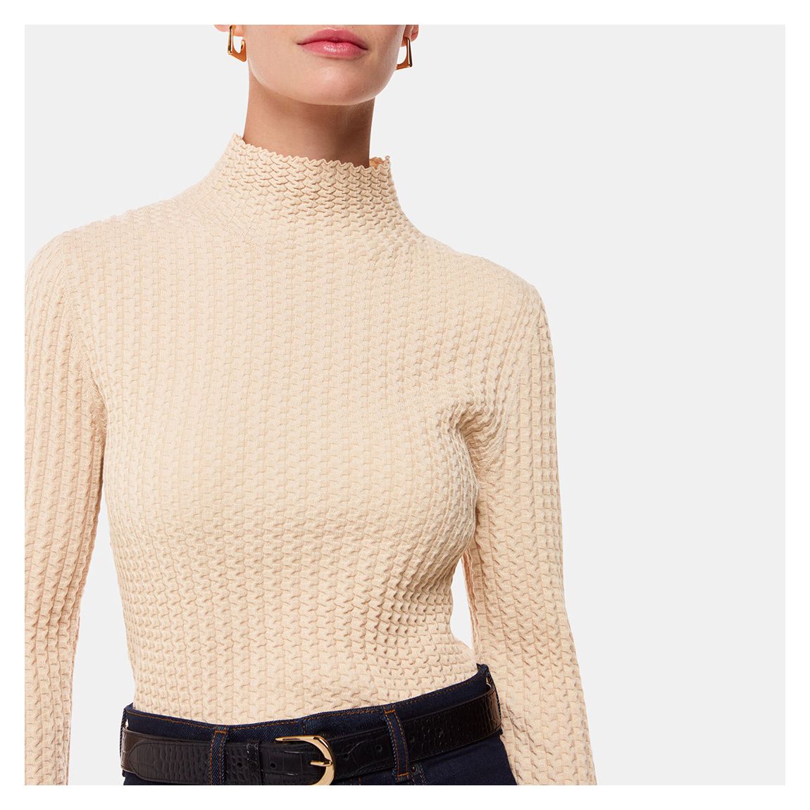 Ecru Textured Detail High Neck Knit Top main product photo