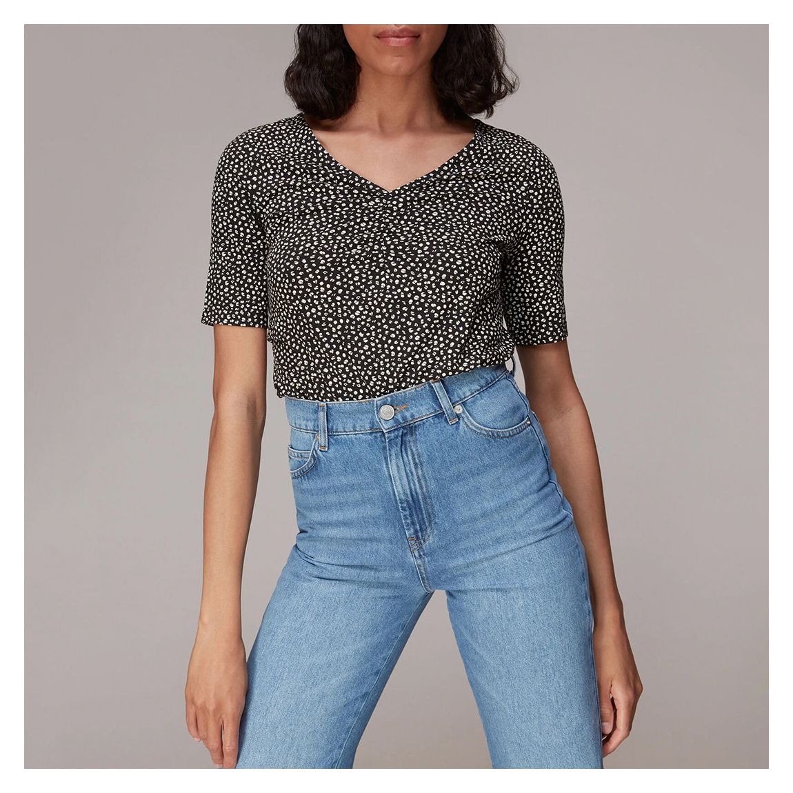 Black Ink Leopard V Neck Ruched Tee main product photo