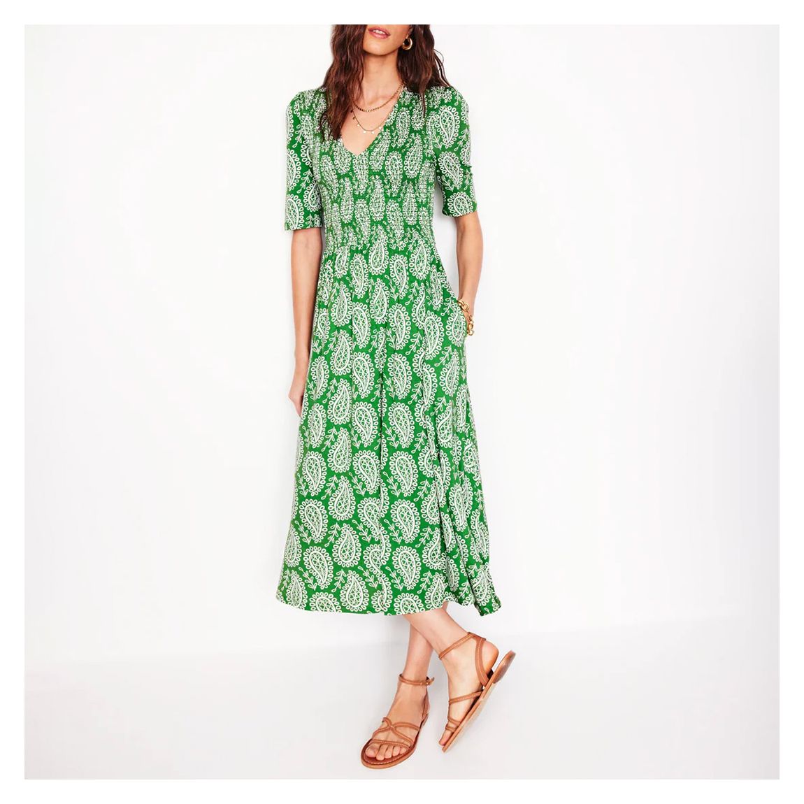 Green Printed Bethany Smocked Midi Dress main product photo