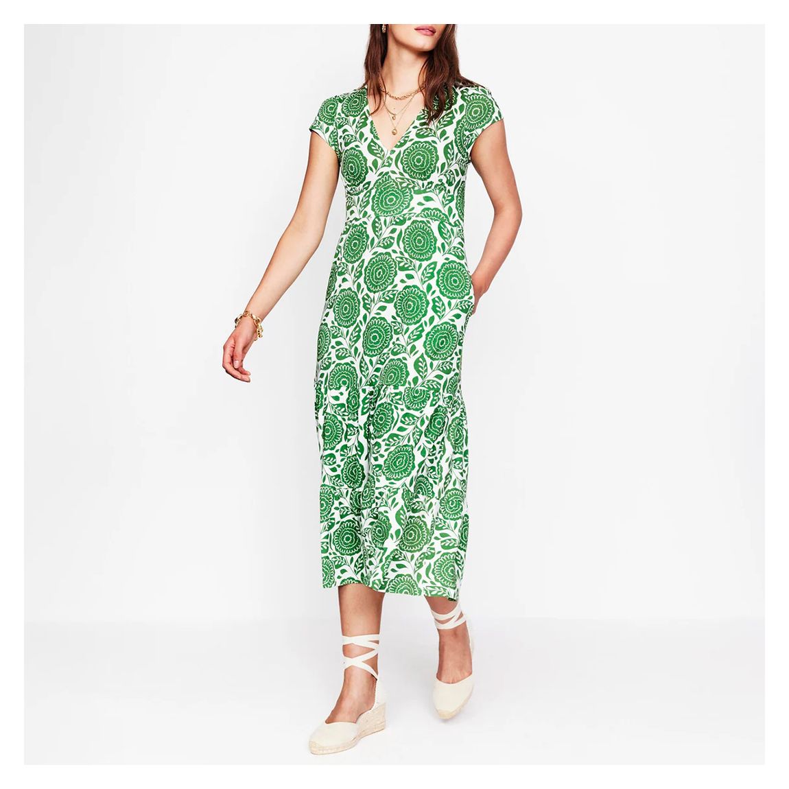 Green Eloise Print Tiered Midi Dress main product photo