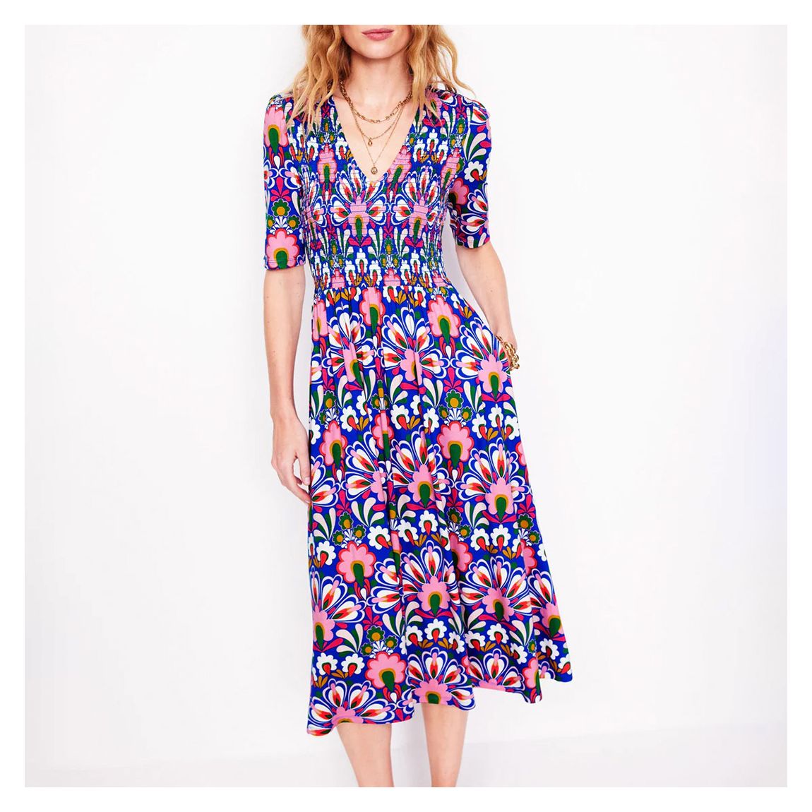 Multi Printed Bethany Smocked Midi Dress main product photo