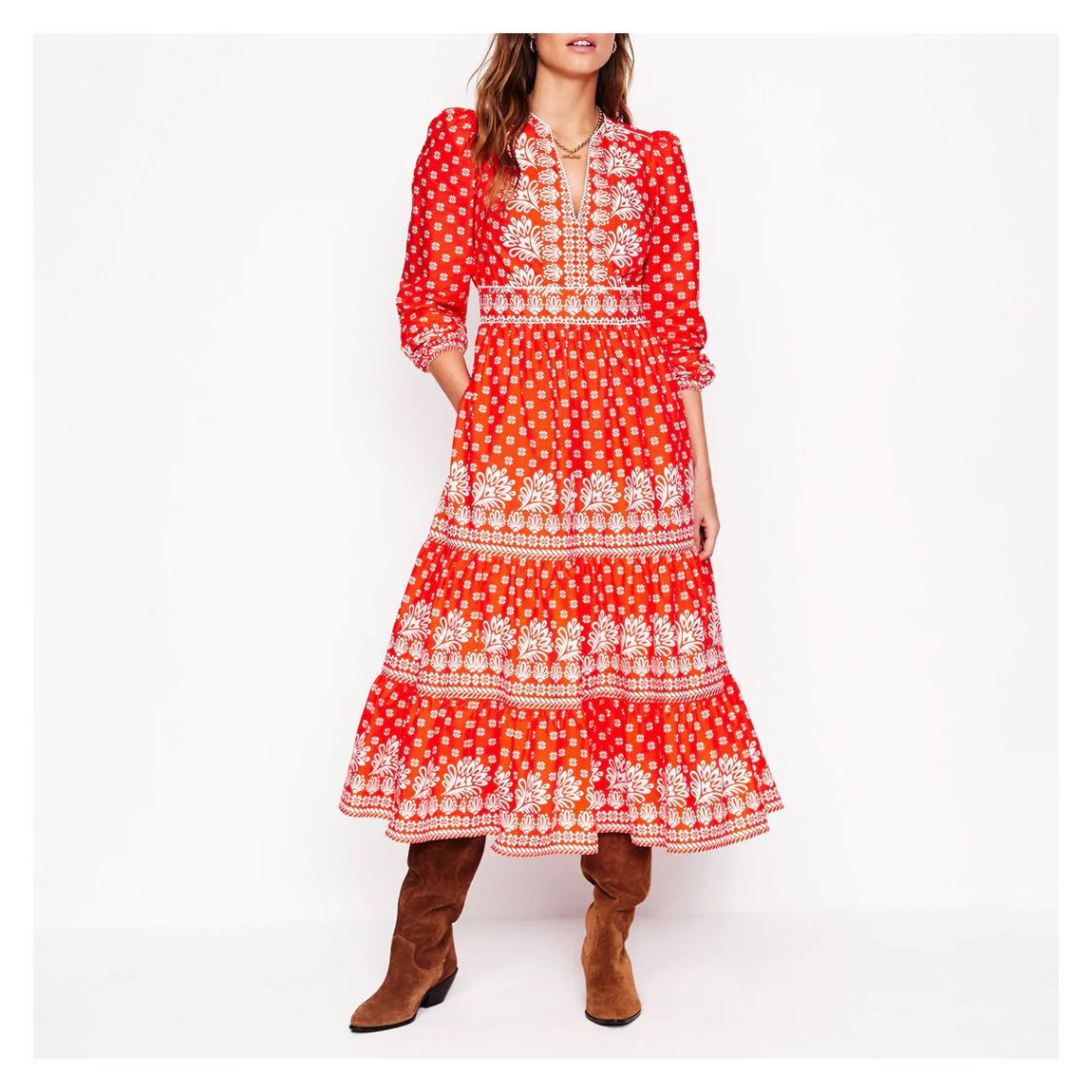 Deep Orange Printed Violet Midi Dress main product photo