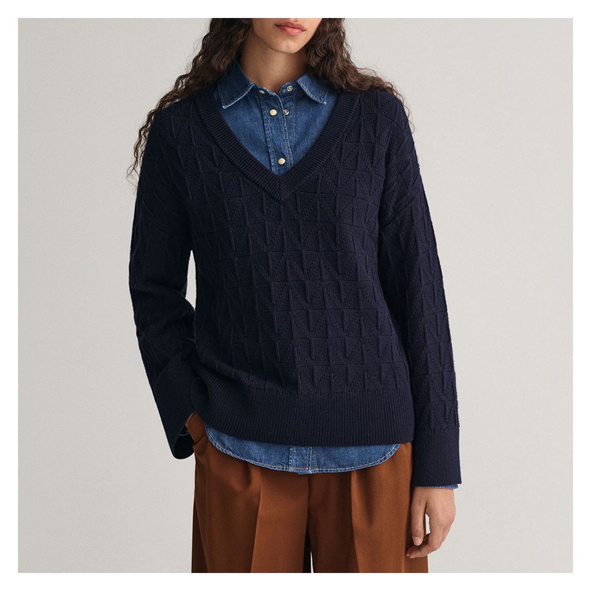 Navy Herringbone V-Neck Merino Wool Blend Jumper main product photo