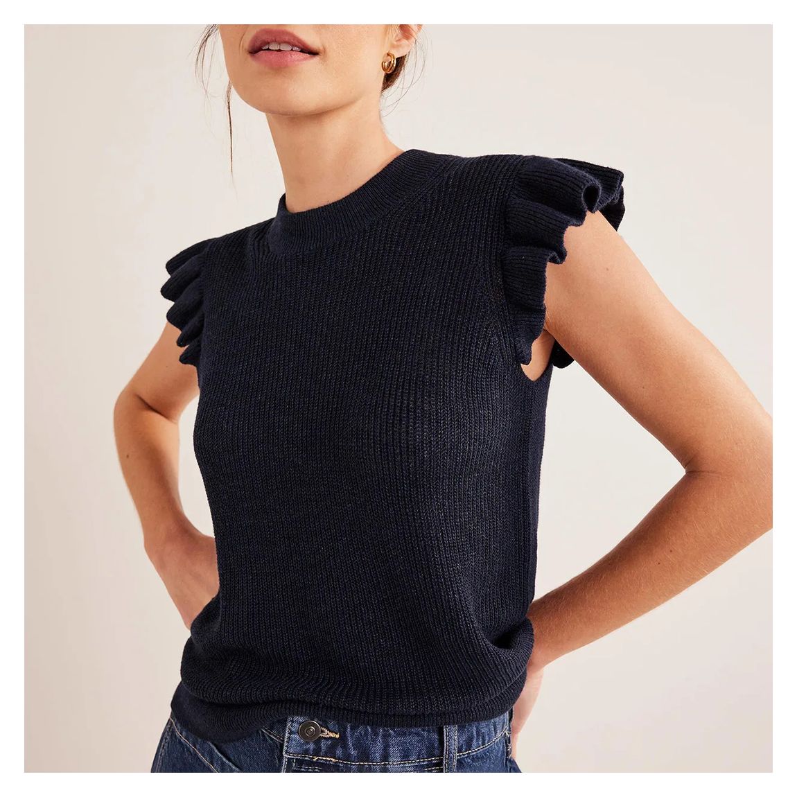 Navy Ribbed Frill Linen Vest main product photo