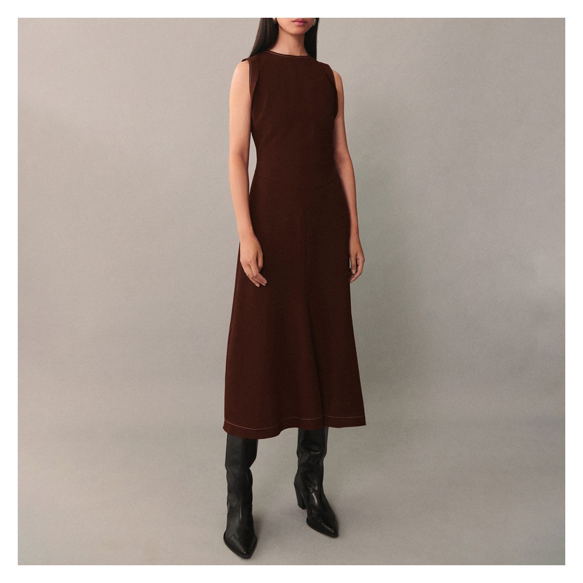 Brown Midi-Dress With Decorative Stitching main product photo