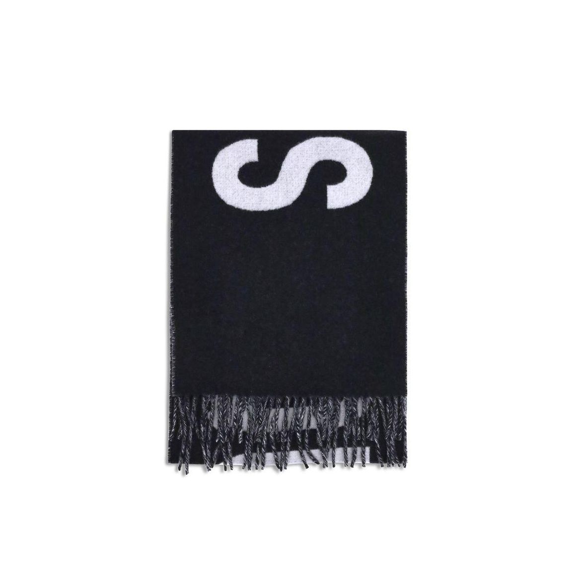 Fringed Wool Scarf with Jacquard Logo Detailing Wo - Black Scarves main product photo