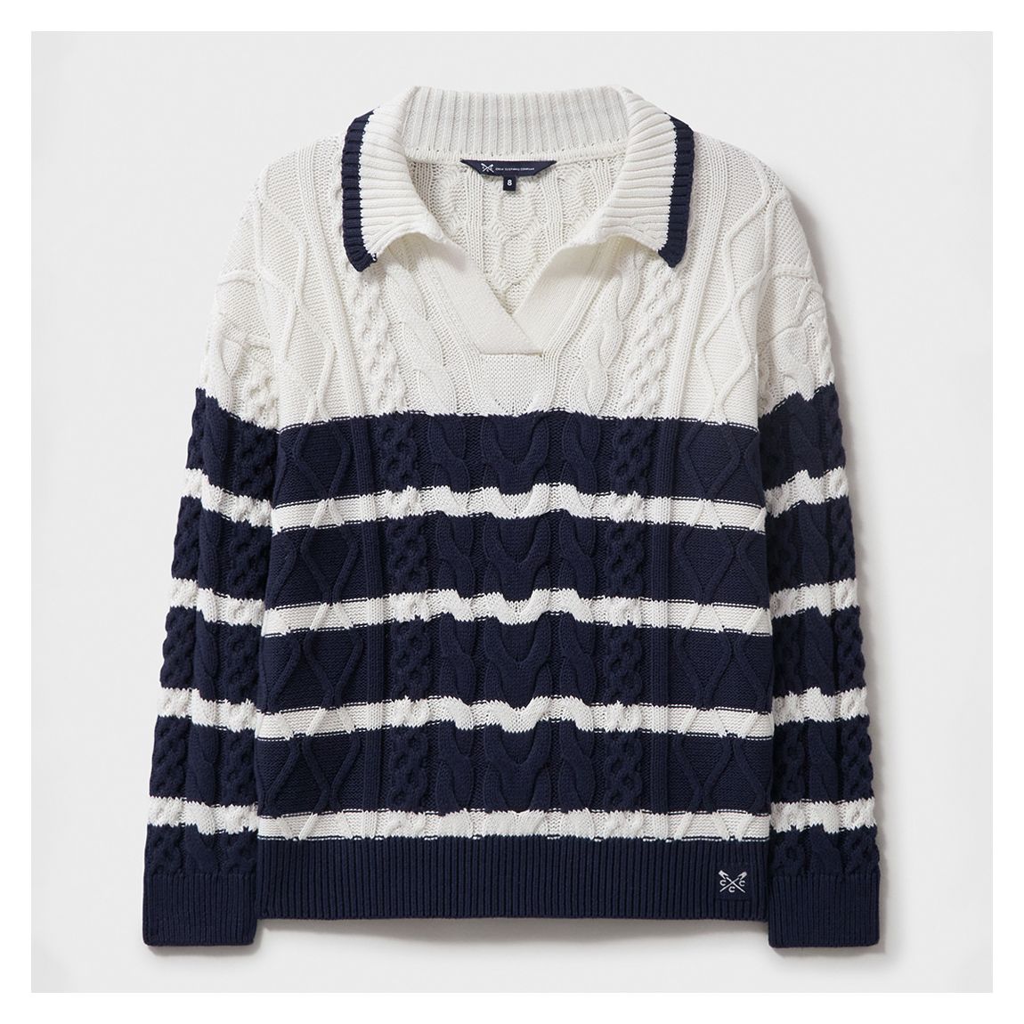 White/ Navy Stripe Cable Knit Open Collar Jumper main product photo