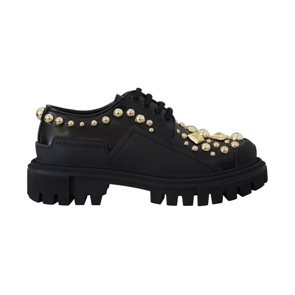 Leather Trekking Derby Embellished Shoes with Gold Studs Wo - Black main product photo