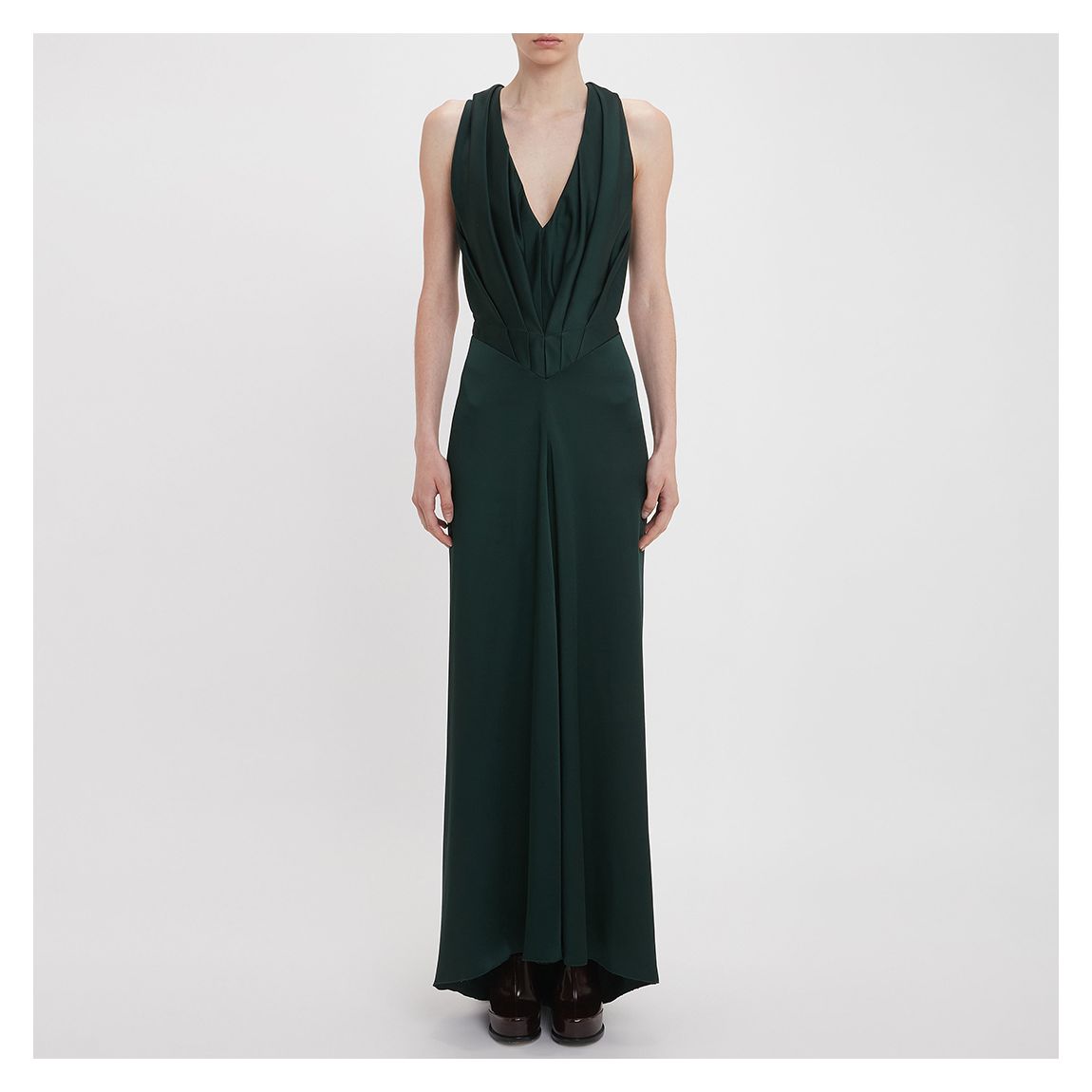 Dark Green V-Neck Gathered Floor-Length Dress main product photo