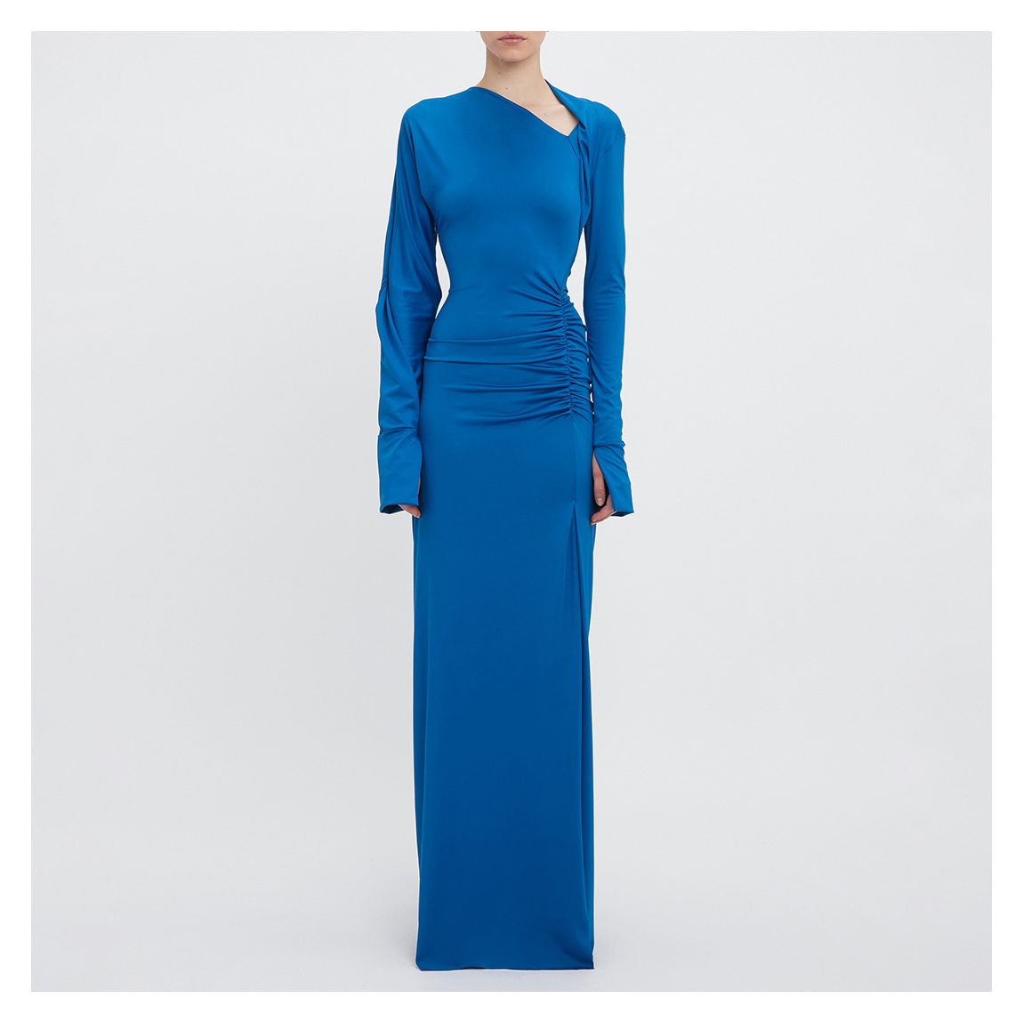 Ocean Blue Long Sleeve Slash-Neck Gown main product photo
