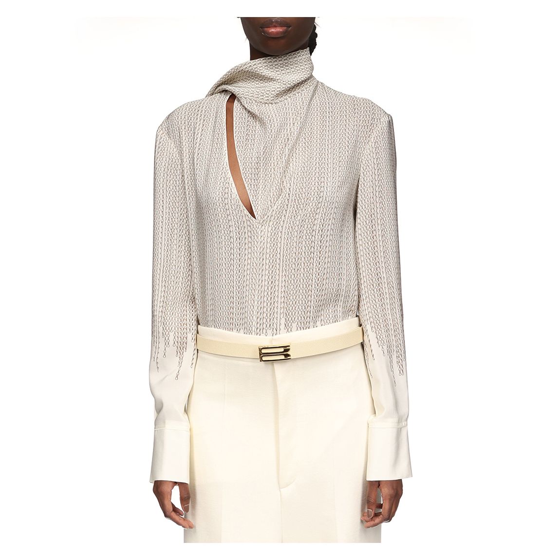 Gold Chain Draped Scarf Neck Silk Blouse main product photo