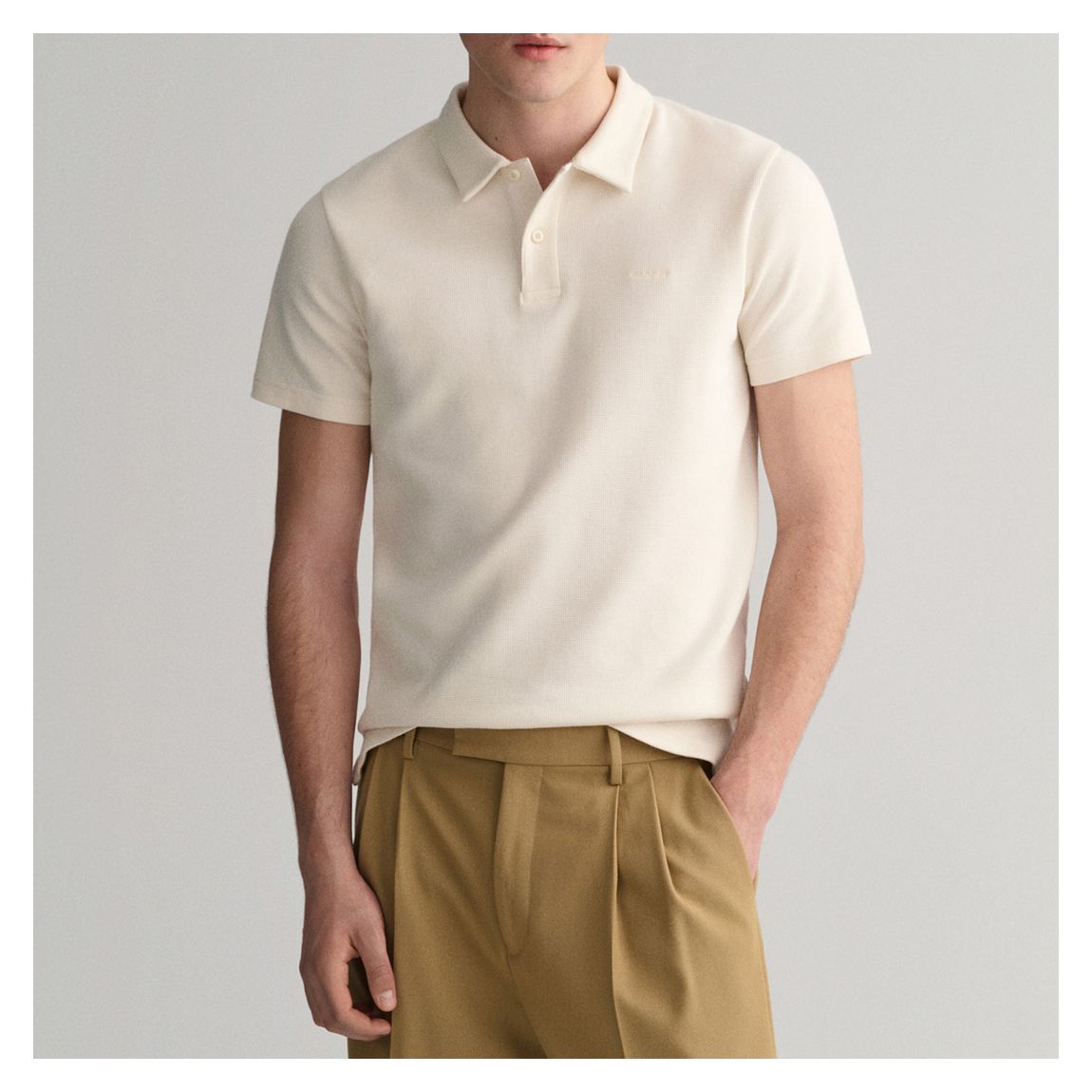 Cream Waffle Textured Polo Shirt main product photo
