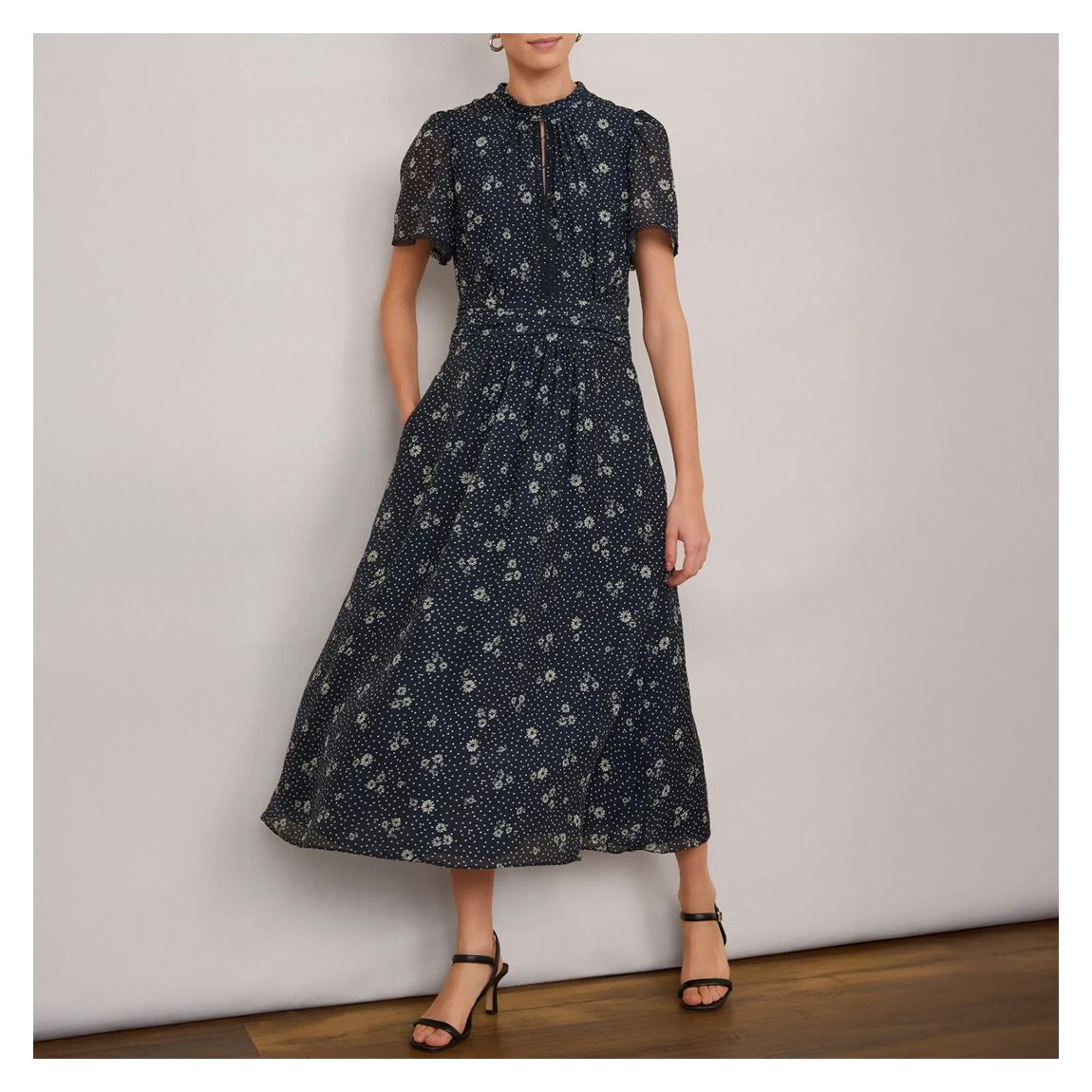 Navy Ditsy Floral Arabella Silk Midi Dress main product photo