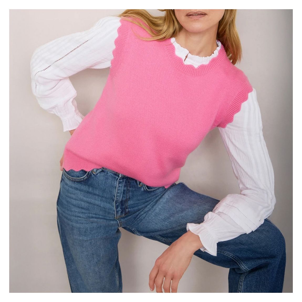 Pink Fleurine Scallop Merino Wool Sweater Vest main product photo