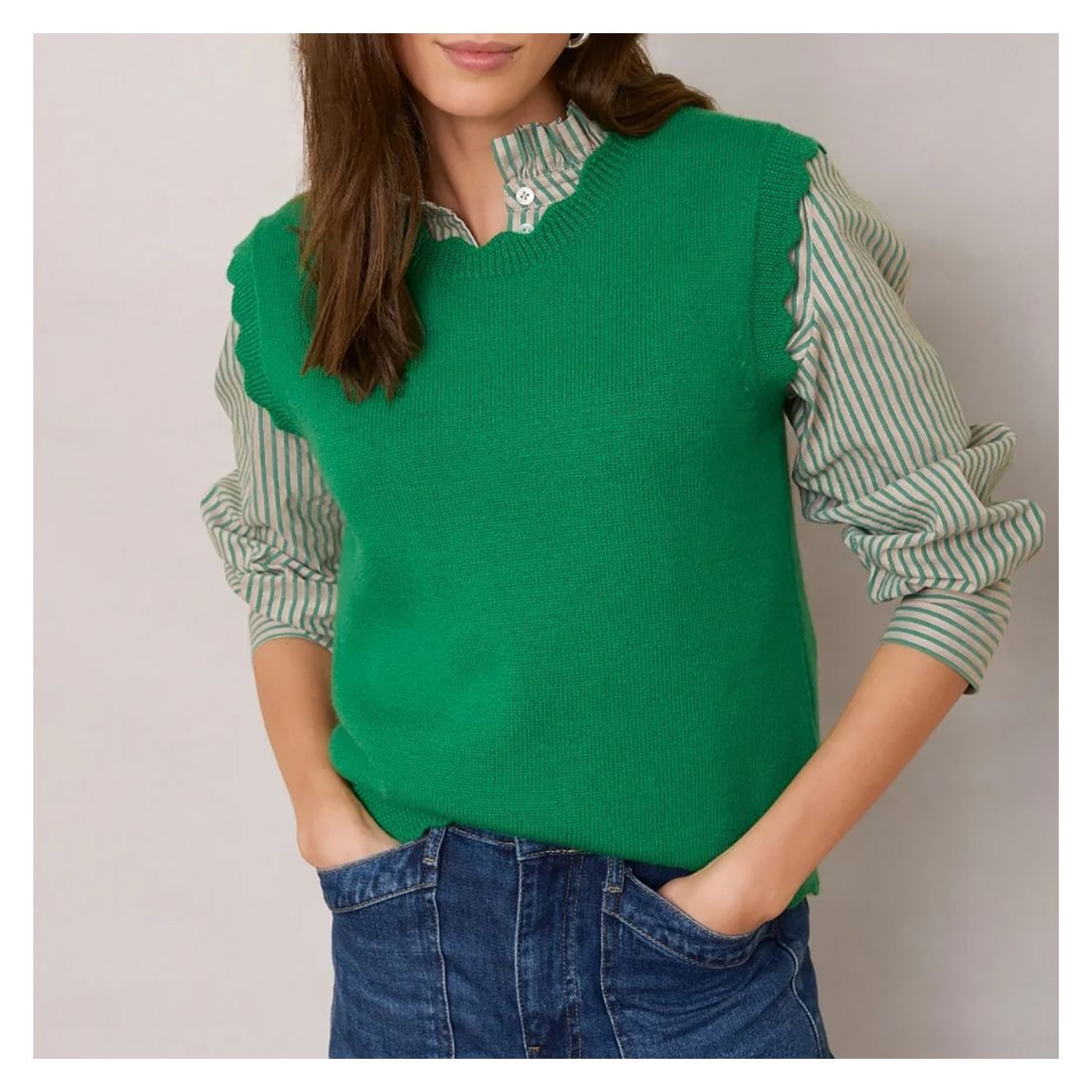 Jade Green Fleurine Scallop Merino Wool Sweater Vest main product photo