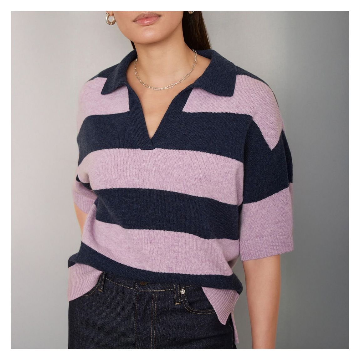Mauve/ Navy DB X Wyse Stripe Merino Wool Polo Jumper main product photo