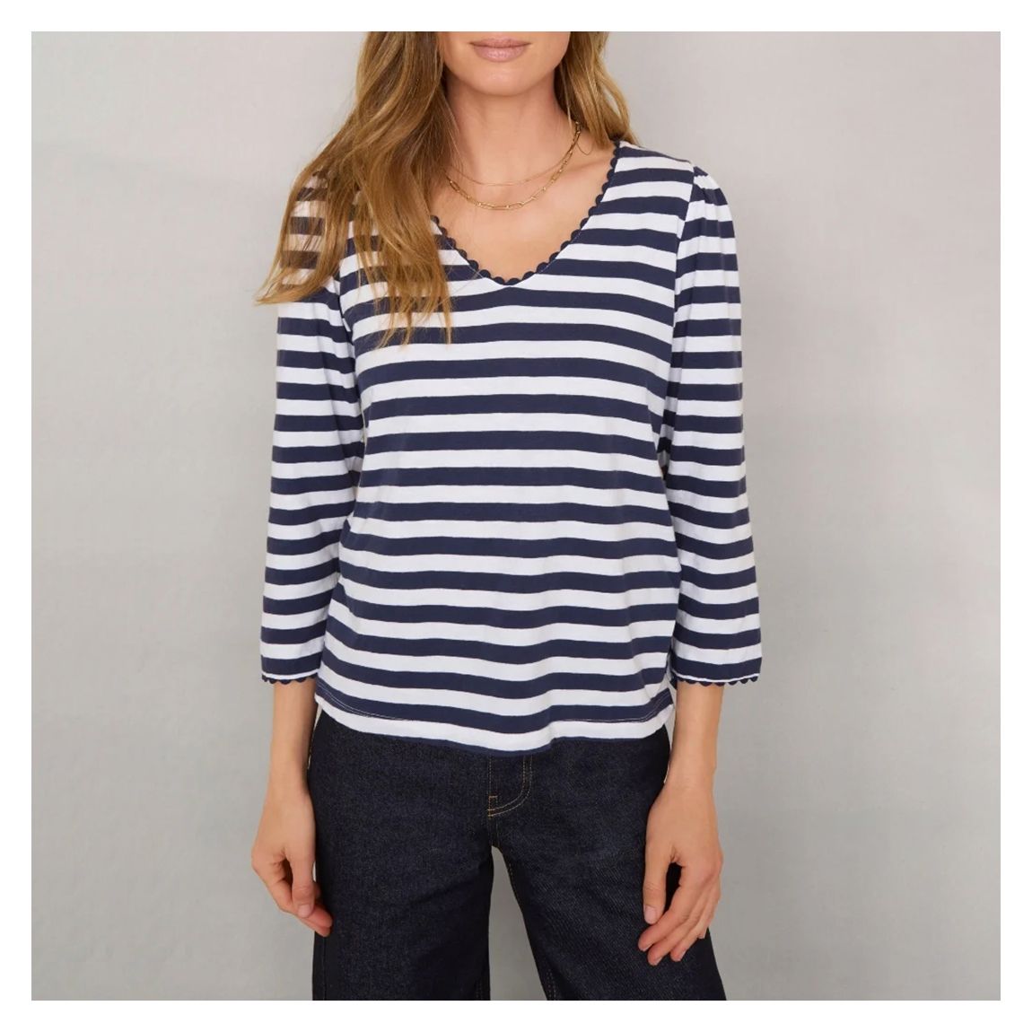 Navy/Ivory Stripe Elyna 3/4 Length Sleeve Cotton T-Shirt main product photo