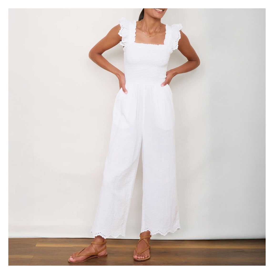 White Tasia Shirred Cotton Jumpsuit main product photo