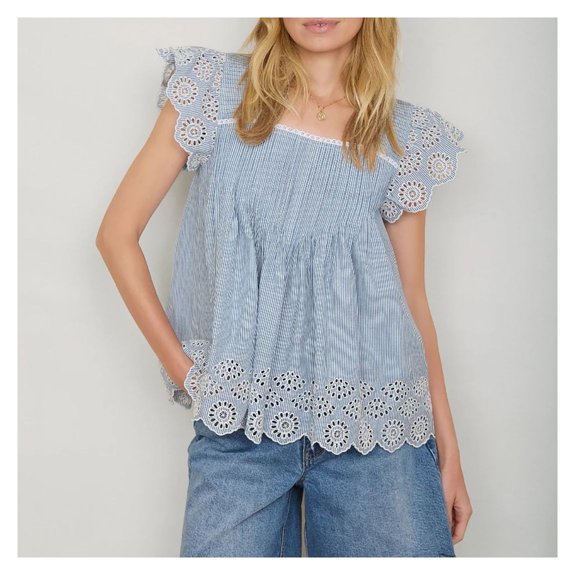 Blue Stripe Laurel Broderie Cotton Top main product photo