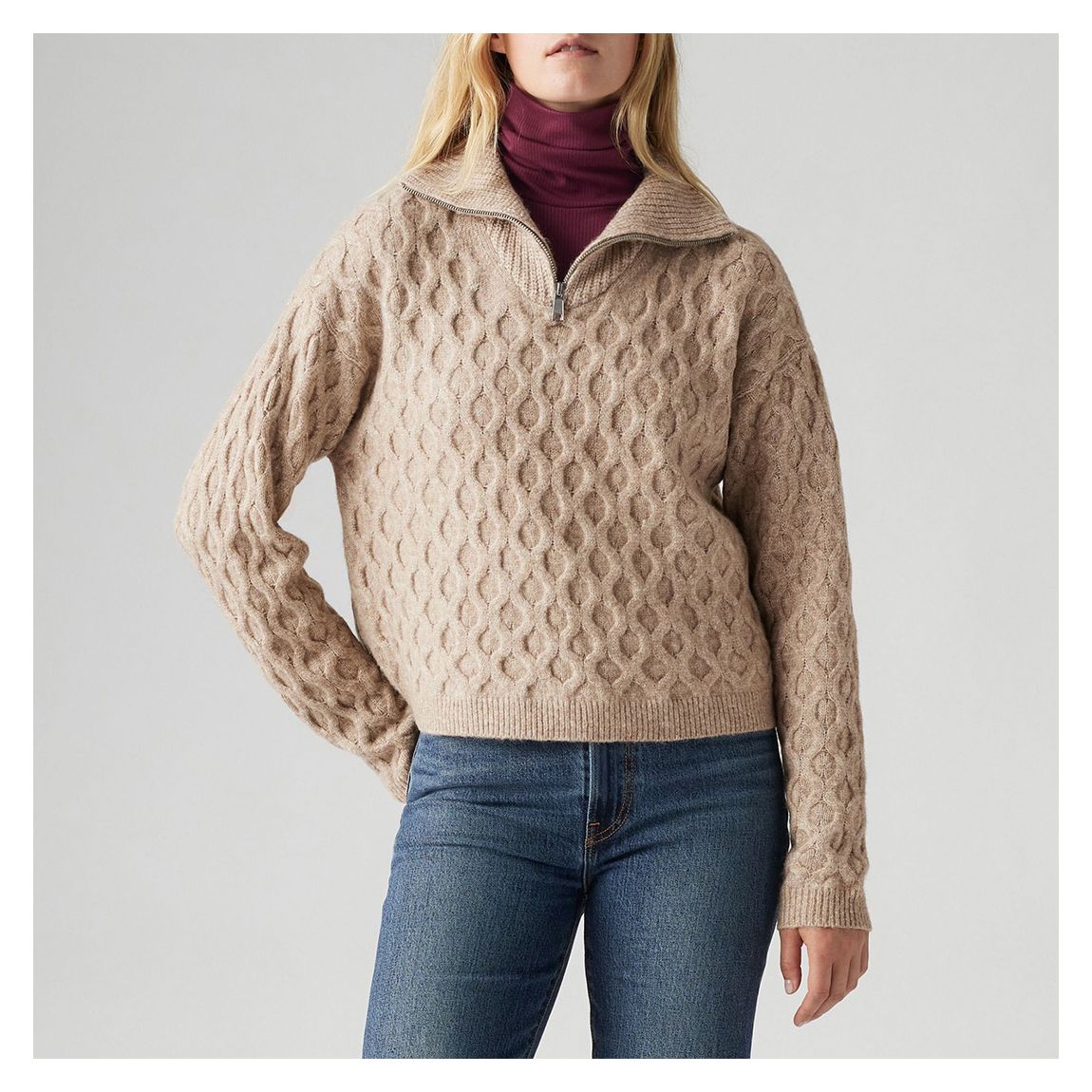 Beige 1/4 Zip Cable Sweater main product photo