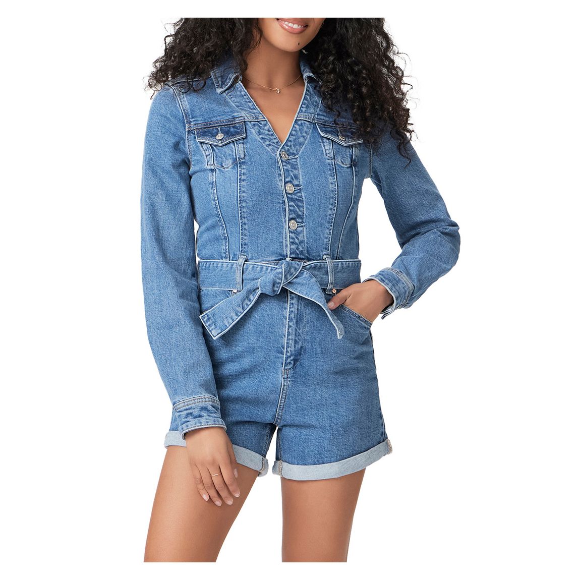 Blue Long Sleeve Maggy Denim Romper main product photo