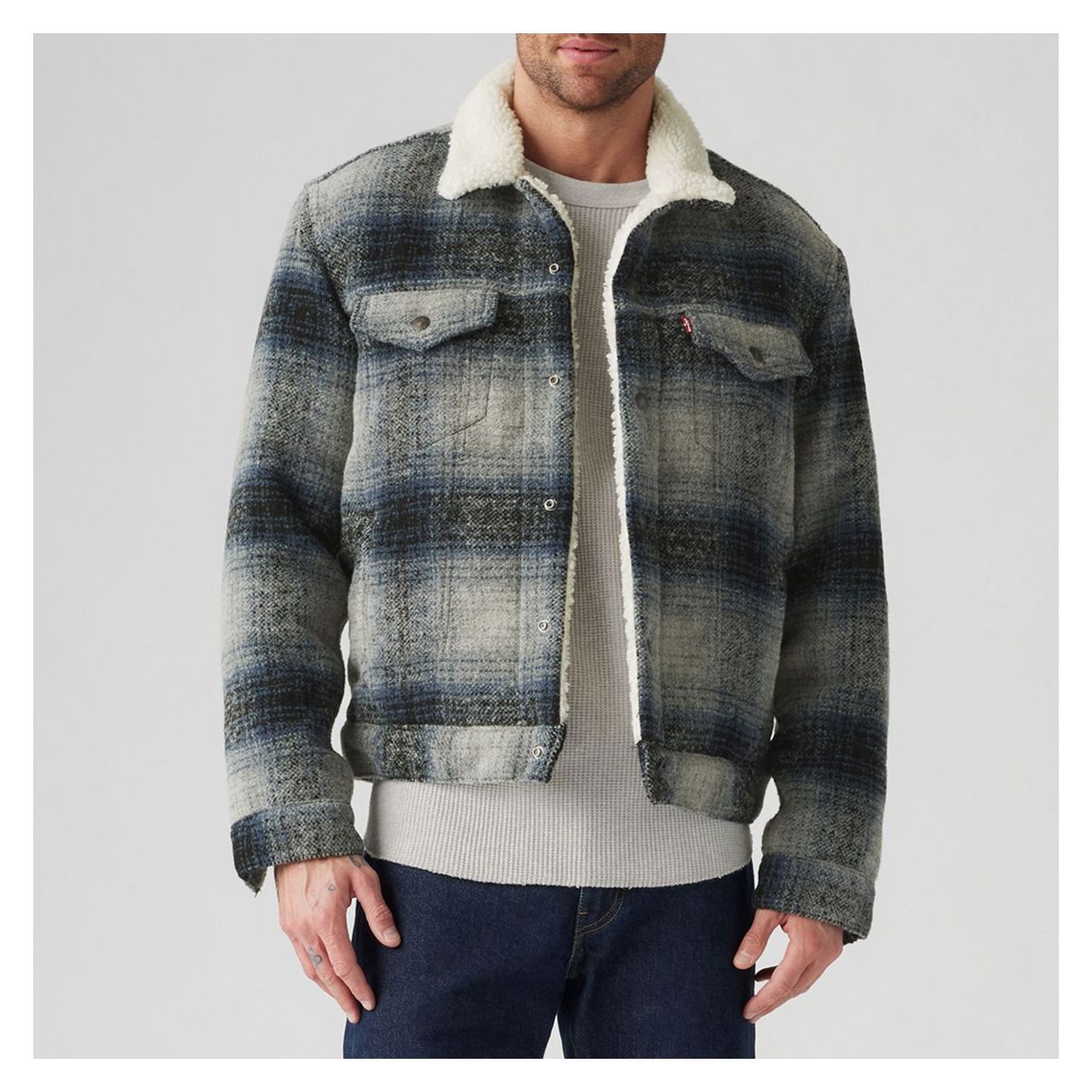 Grey Plaid Sherpa Trucker Jacket main product photo