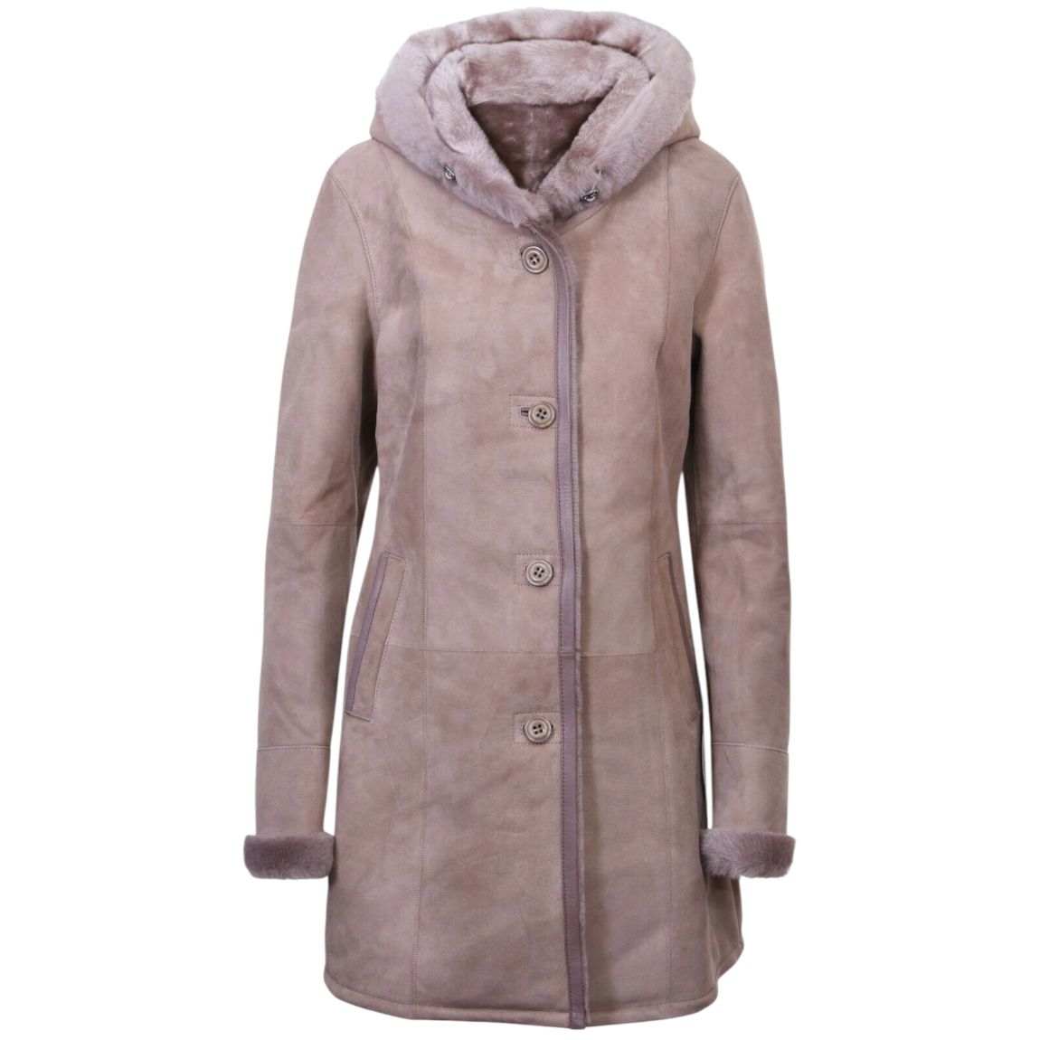 Womens Taupe Suede Merino Sheepskin Hooded Coat-Richmond main product photo