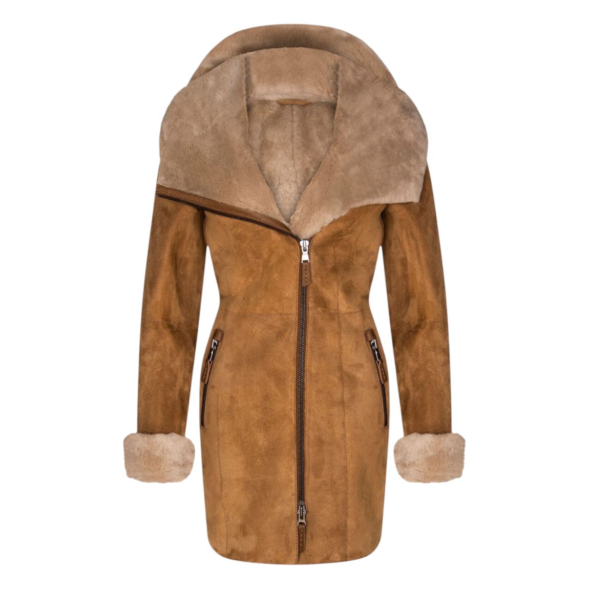 Womens Tan Suede Merino Sheepskin Hooded Coat-Ryde main product photo