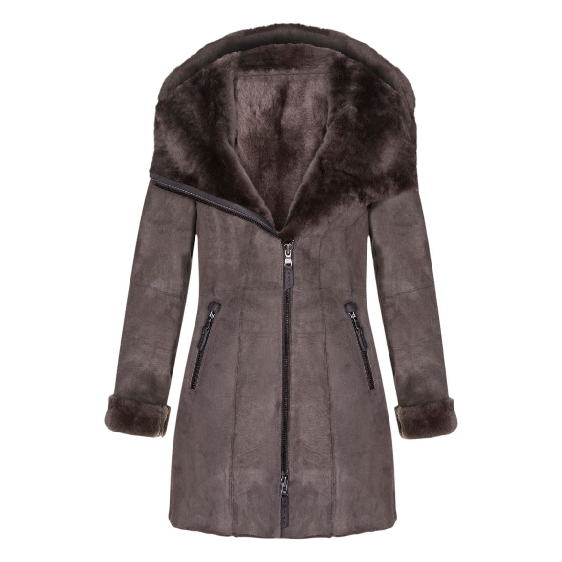 Womens Taupe Suede Merino Sheepskin Hooded Coat-Ryde main product photo