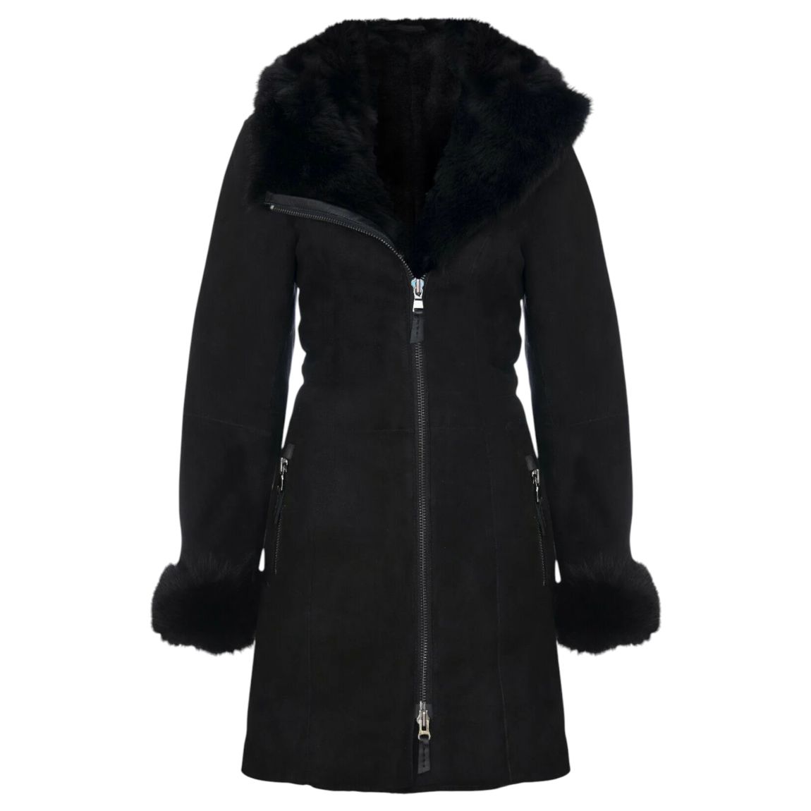 Ladies Black Suede Merino Hooded Sheepskin Coat-Ringwood main product photo