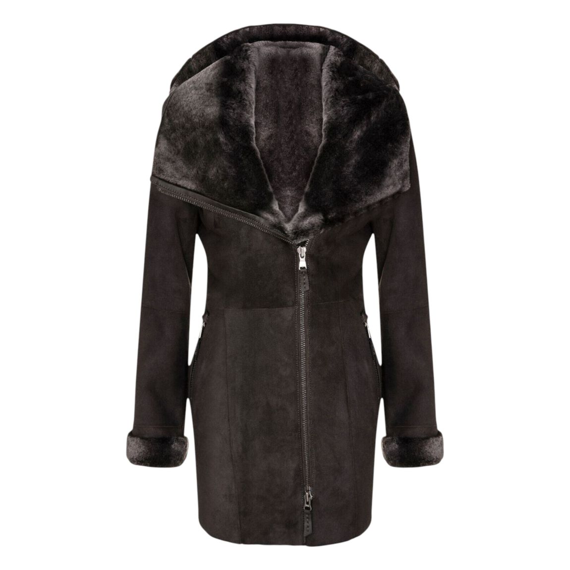 Womens Brown Suede Merino Sheepskin Hooded Coat-Ryde main product photo