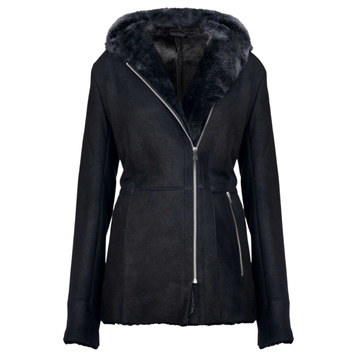 Womens Hooded Black Merino Sheepskin Jacket-Rothwell main product photo
